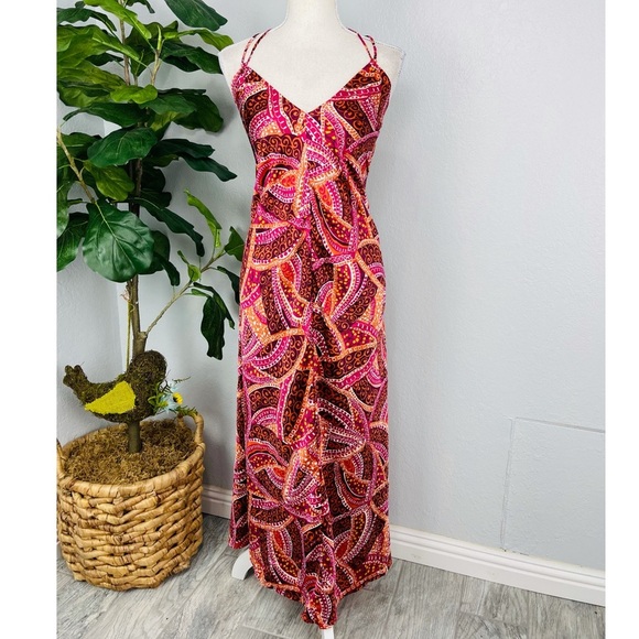 NEW York & Company Swirl Paisley Abstract Fuscia Pink Red Maxi Halter Top Dress - Picture 1 of 4